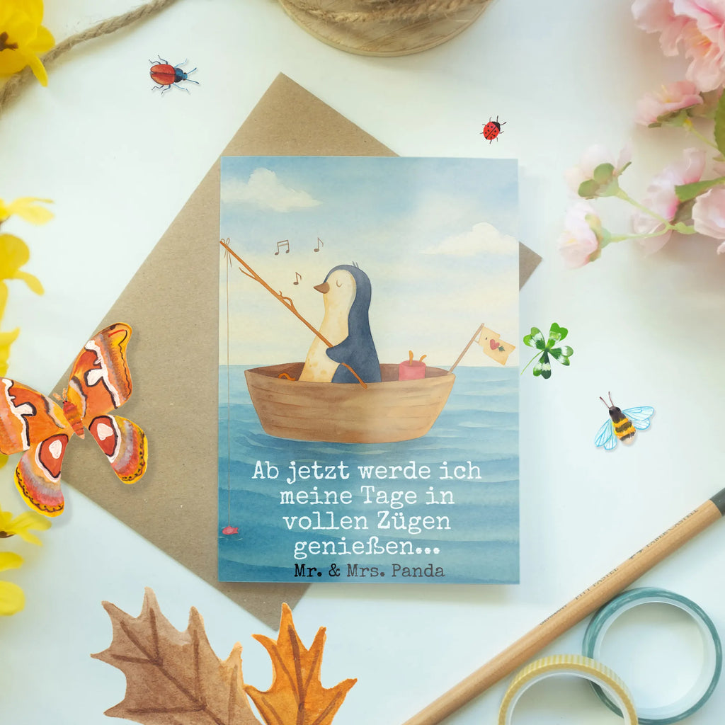 Grußkarte Pinguin Angelboot Design Grußkarte, Klappkarte, Einladungskarte, Glückwunschkarte, Hochzeitskarte, Geburtstagskarte, Karte, Ansichtskarten, Pinguin, Pinguine, Angeln, Boot, Angelboot, Lebenslust, Leben, genießen, Motivation, Neustart, Neuanfang, Trennung, Scheidung, Geschenkidee Liebeskummer
