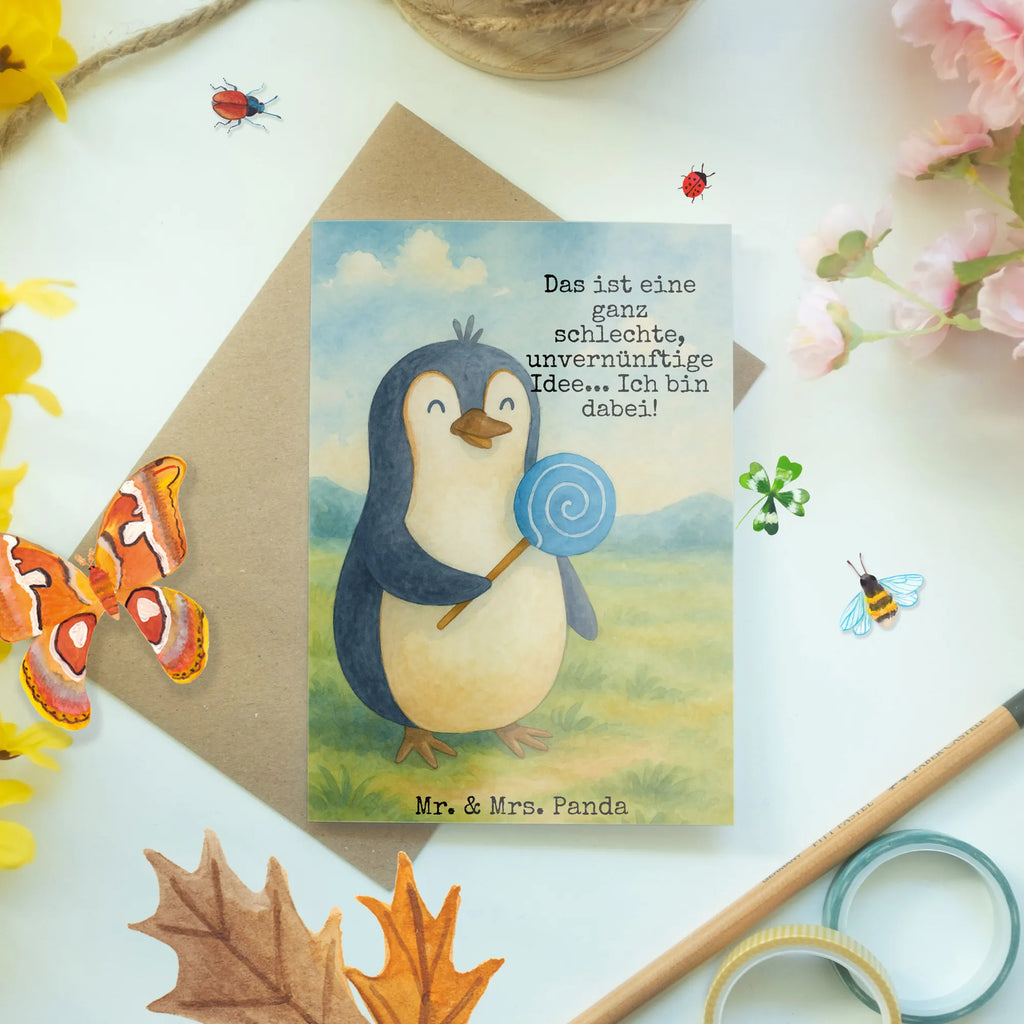 Greetings card Penguin lollipop Design Grußkarte, Klappkarte, Einladungskarte, Glückwunschkarte, Hochzeitskarte, Geburtstagskarte, Karte, Ansichtskarten, Pinguin, Pinguine, Lolli, Süßigkeiten, Blödsinn, Spruch, Rebell, Gauner, Ganove, Rabauke
