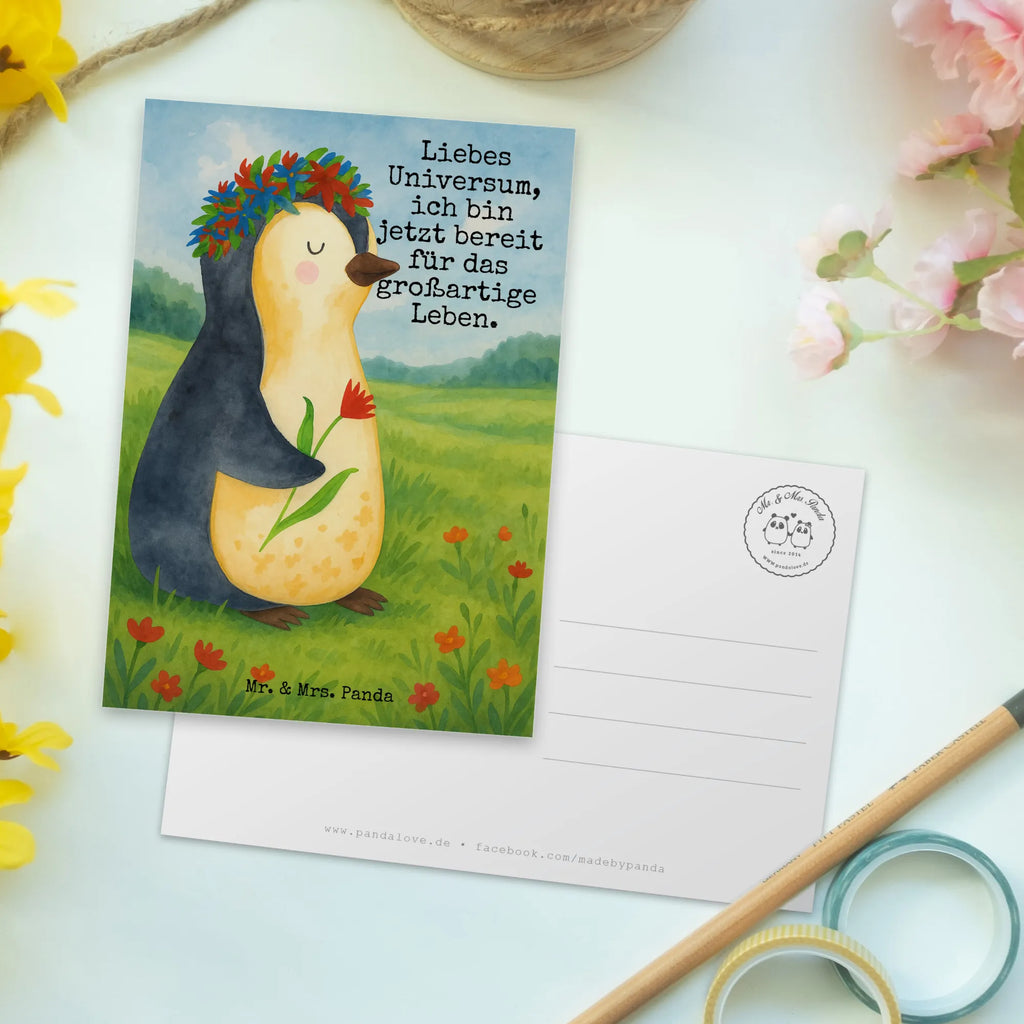 Postcard Penguin Flower Design North Pole, Penguins, lovesickness, penguins, goals in life, goals, wreath of flowers, universe, wishes, gift idea, love of life