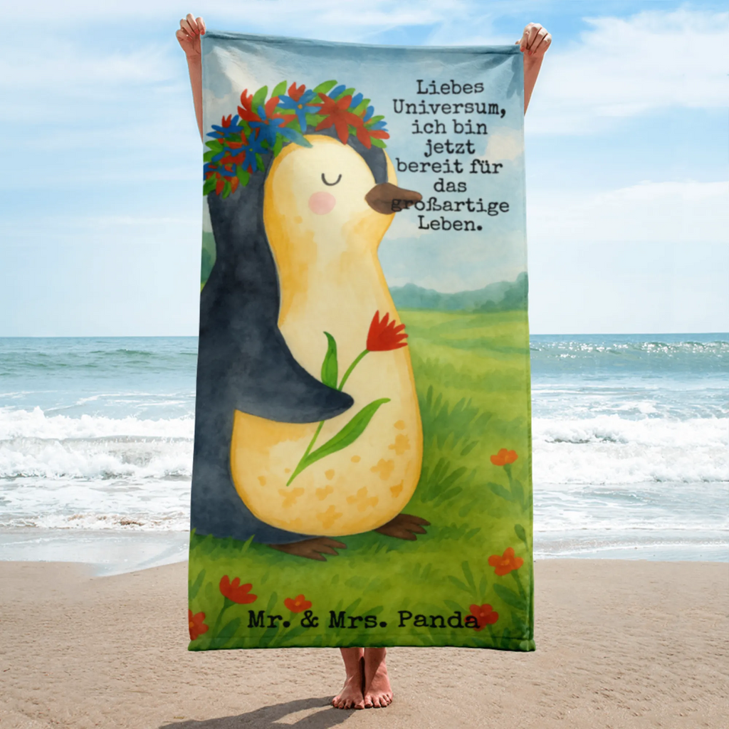 XL Badehandtuch Pinguin Blumen Design Handtuch, Badetuch, Duschtuch, Strandtuch, Saunatuch, Pinguin, Pinguine, Blumenkranz, Universum, Leben, Wünsche, Ziele, Lebensziele, Motivation, Lebenslust, Liebeskummer, Geschenkidee