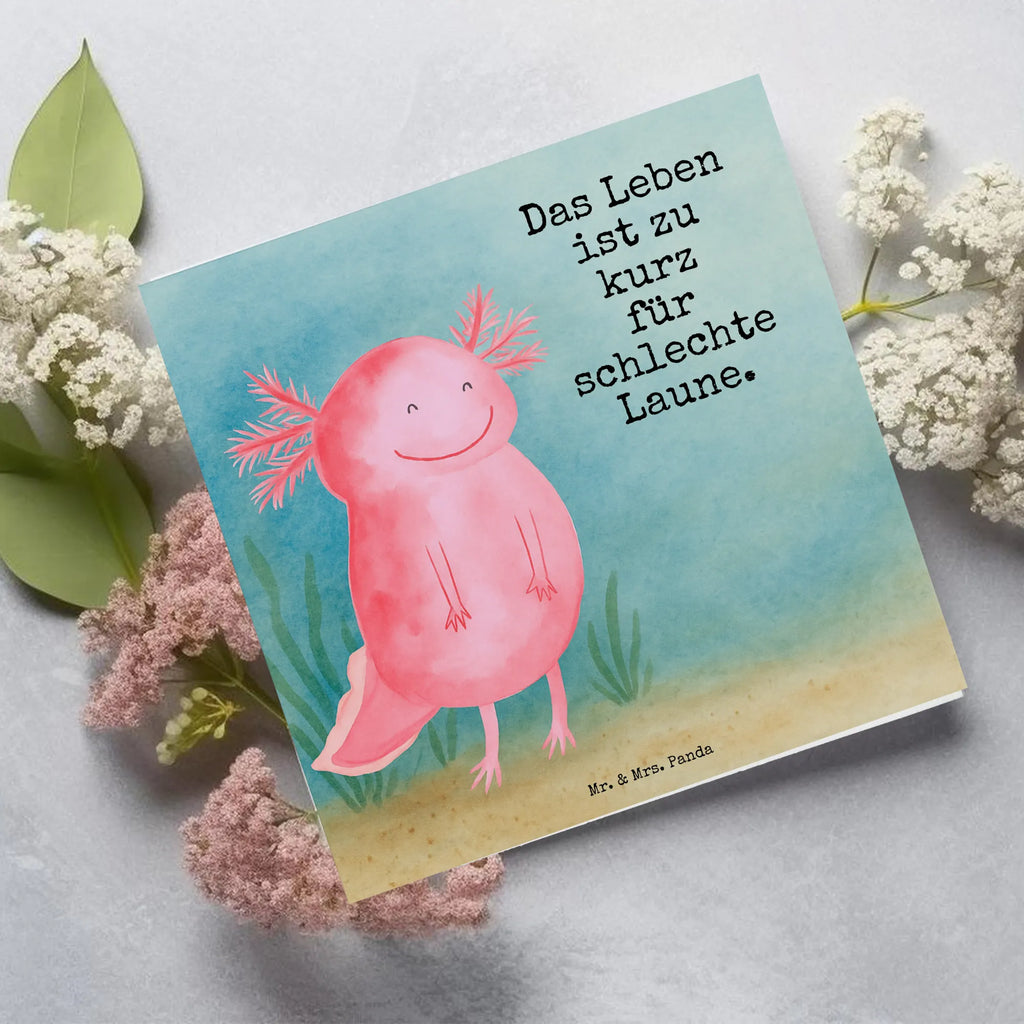 Deluxe Karte Axolotl Glücklich Design Karte, Grußkarte, Klappkarte, Einladungskarte, Glückwunschkarte, Hochzeitskarte, Geburtstagskarte, Hochwertige Grußkarte, Hochwertige Klappkarte, Axolotl, Molch, Axolot, Schwanzlurch, Lurch, Lurche, Motivation, gute Laune