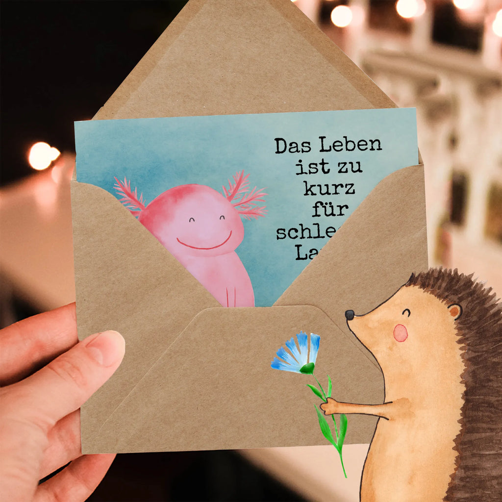 Deluxe Karte Axolotl Glücklich Design Karte, Grußkarte, Klappkarte, Einladungskarte, Glückwunschkarte, Hochzeitskarte, Geburtstagskarte, Hochwertige Grußkarte, Hochwertige Klappkarte, Axolotl, Molch, Axolot, Schwanzlurch, Lurch, Lurche, Motivation, gute Laune