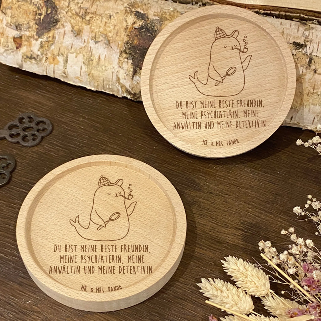 Wooden Coaster seal sherlock small animals, cute, funny, cute animal motives, hand drawn, small world, funny sayings, good mood, happy, gifts, gift ideas, special gifts, animal lover, card