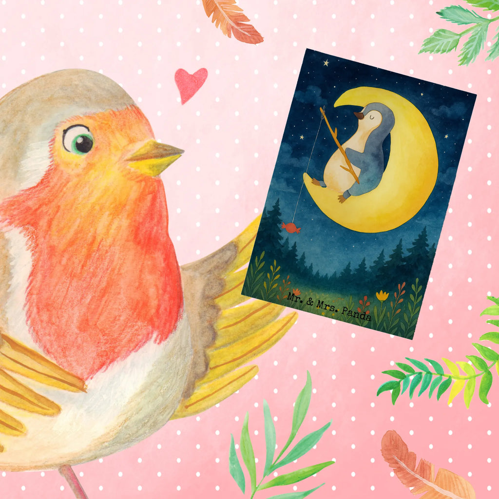 Grußkarte Pinguin Mond Design Grußkarte, Klappkarte, Einladungskarte, Glückwunschkarte, Hochzeitskarte, Geburtstagskarte, Karte, Ansichtskarten, Pinguin, Pinguine, Spruch, schlafen, Nachtruhe, Einschlafen, Schlafzimmer, Schlafstörungen, Gästezimmer