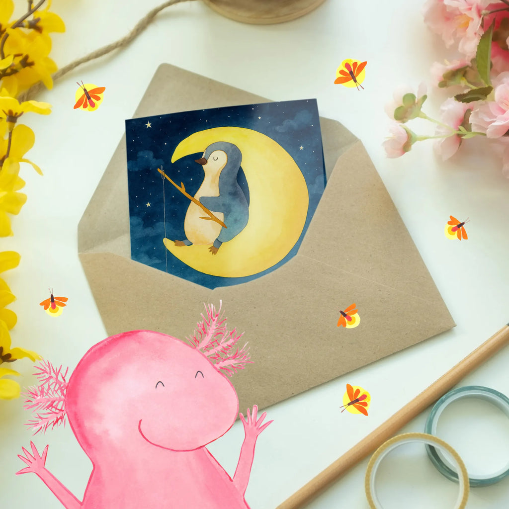Grußkarte Pinguin Mond Design Grußkarte, Klappkarte, Einladungskarte, Glückwunschkarte, Hochzeitskarte, Geburtstagskarte, Karte, Ansichtskarten, Pinguin, Pinguine, Spruch, schlafen, Nachtruhe, Einschlafen, Schlafzimmer, Schlafstörungen, Gästezimmer