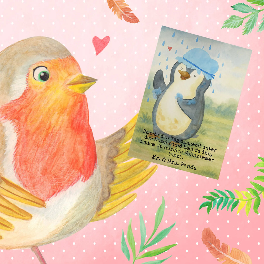 Greetings card Penguin have a shower Design Grußkarte, Klappkarte, Einladungskarte, Glückwunschkarte, Hochzeitskarte, Geburtstagskarte, Karte, Ansichtskarten, Pinguin, Pinguine, Dusche, duschen, Lebensmotto, Motivation, Neustart, Neuanfang, glücklich sein