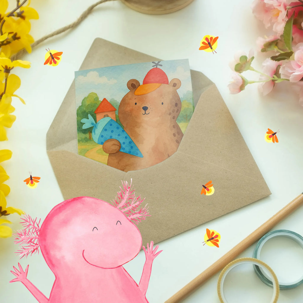 Greetings card bear School cone Design Grußkarte, Klappkarte, Einladungskarte, Glückwunschkarte, Hochzeitskarte, Geburtstagskarte, Karte, Ansichtskarten, Bär, Teddy, Teddybär, Bär Motiv, Schultüte, Erster Schultag Geschenk, Einschulung Geschenk, Schule Geschenk, Grundschule, Schulanfang, Schulbeginn
