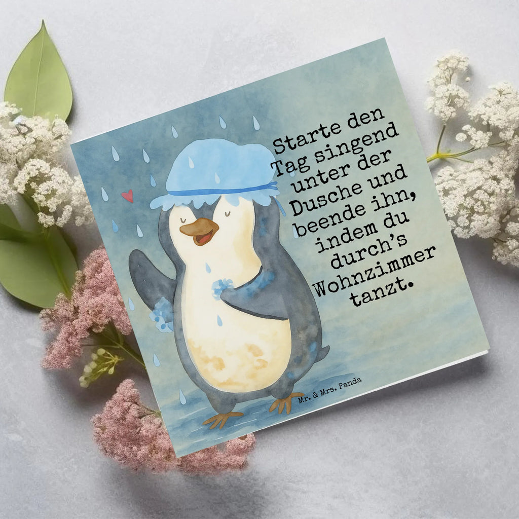 Deluxe Card Penguin have a shower Design Klappkarte, Grußkarte, Hochwertige Klappkarte, Geburtstagskarte, Karte, Hochzeitskarte, Hochwertige Grußkarte, Glückwunschkarte, Einladungskarte, Pinguin, Dusche, Pinguine, Neustart, Neuanfang, Motivation, glücklich sein, Lebensmotto, duschen