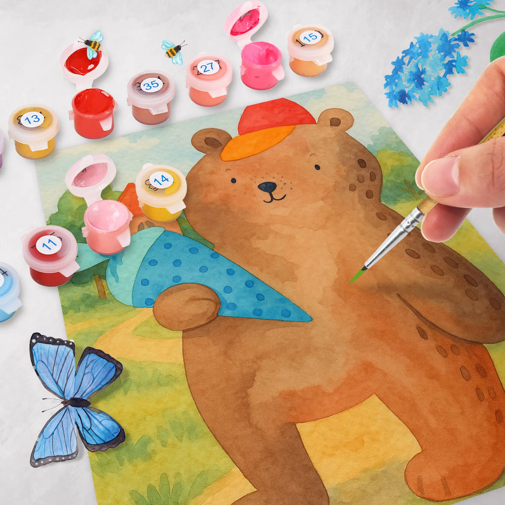 Paint by Numbers bear School cone Design Künstler, Malen, Bastelidee, DIY, Ausmalbild, Baseln, Kunstwerk, Malen nach Zahlen, Kreativität, Bär, Teddy, Teddybär, Einschulung Geschenk, Schule Geschenk, Grundschule, Schulanfang, Schulbeginn, Schultüte, Bär Motiv, Erster Schultag Geschenk