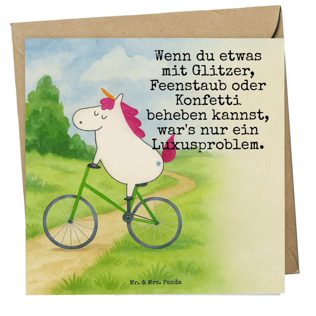 Deluxe Card unicorn cyclist Design Karte, Grußkarte, Klappkarte, Einladungskarte, Glückwunschkarte, Hochzeitskarte, Geburtstagskarte, Hochwertige Grußkarte, Hochwertige Klappkarte, Einhorn, Einhörner, Einhorn Deko, Unicorn, Radfahren, Radfahrer, Rad, Bike, Feenstaub, Konfetti, Luxusproblem, Kummer, Liebeskummer