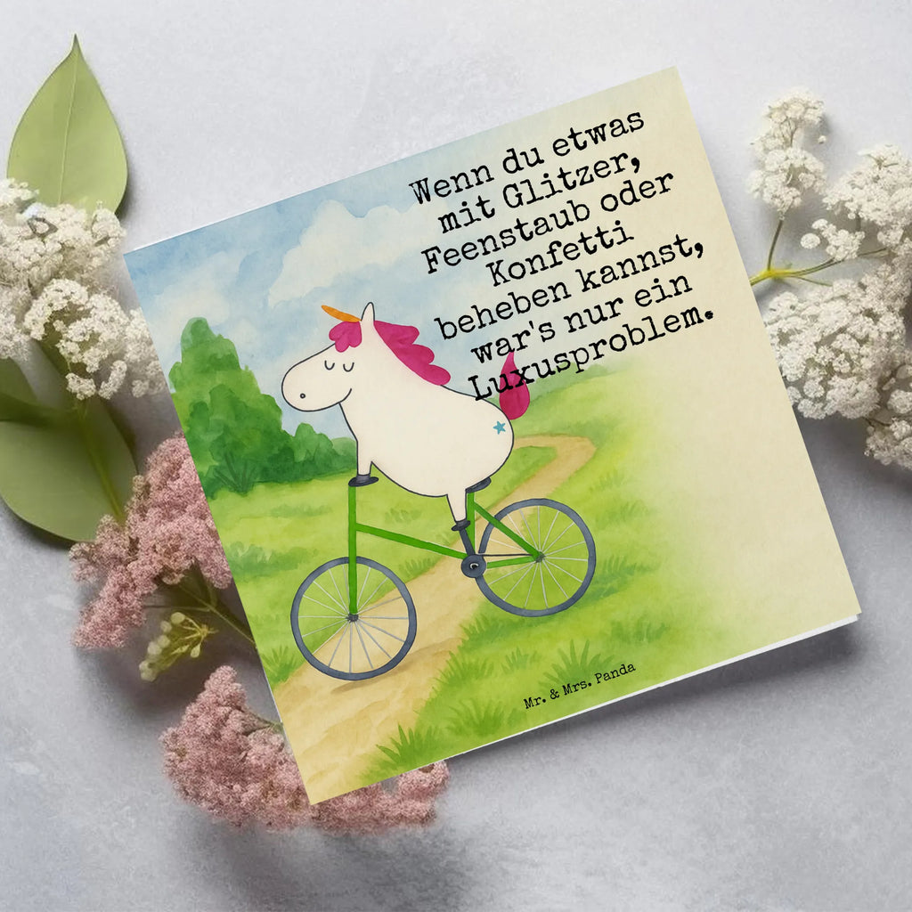 Deluxe Card unicorn cyclist Design Karte, Grußkarte, Klappkarte, Einladungskarte, Glückwunschkarte, Hochzeitskarte, Geburtstagskarte, Hochwertige Grußkarte, Hochwertige Klappkarte, Einhorn, Einhörner, Einhorn Deko, Unicorn, Radfahren, Radfahrer, Rad, Bike, Feenstaub, Konfetti, Luxusproblem, Kummer, Liebeskummer