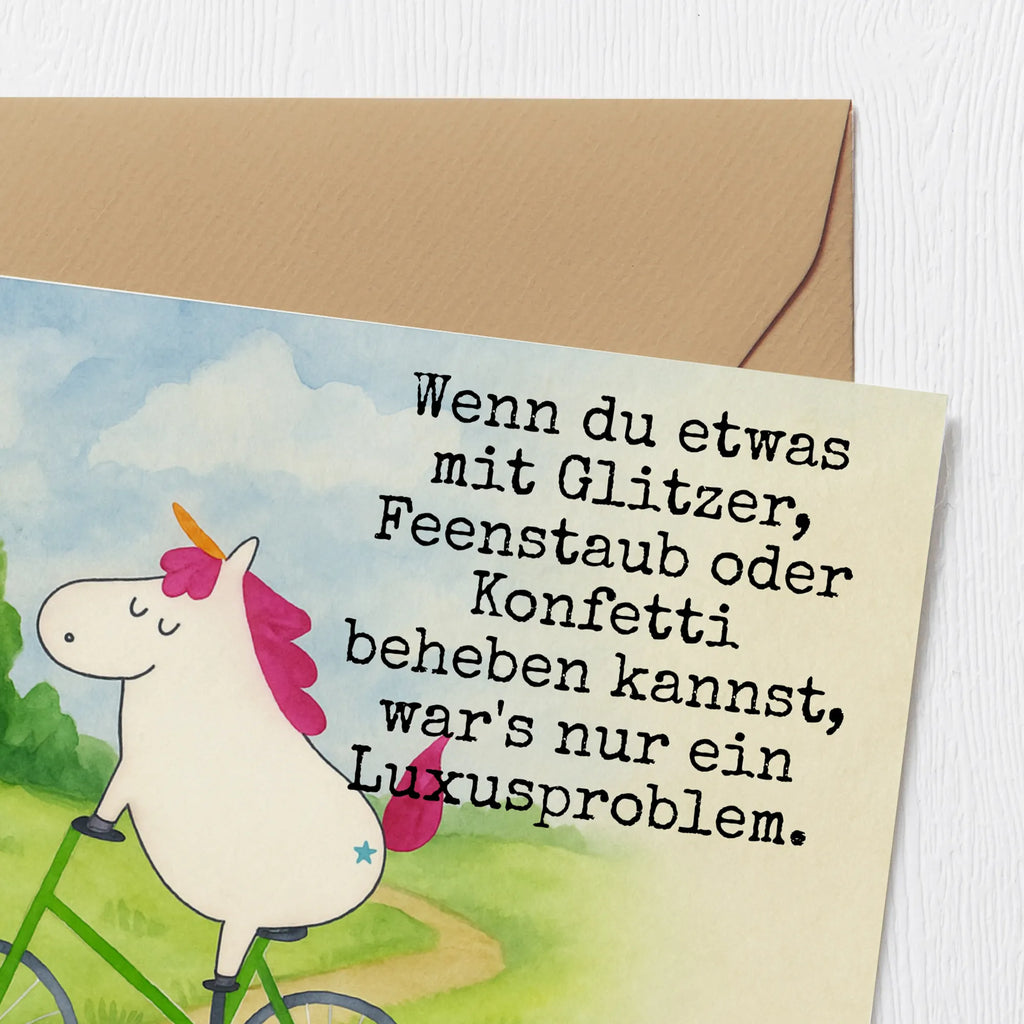 Deluxe Card unicorn cyclist Design Karte, Grußkarte, Klappkarte, Einladungskarte, Glückwunschkarte, Hochzeitskarte, Geburtstagskarte, Hochwertige Grußkarte, Hochwertige Klappkarte, Einhorn, Einhörner, Einhorn Deko, Unicorn, Radfahren, Radfahrer, Rad, Bike, Feenstaub, Konfetti, Luxusproblem, Kummer, Liebeskummer