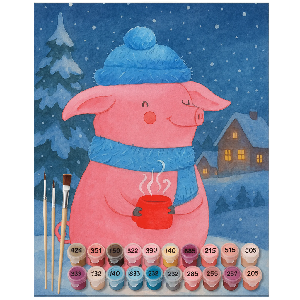 Paint by Numbers Pig Mulled wine Design DIY, Baseln, Kunstwerk, Malen, Künstler, Bastelidee, Ausmalbild, Malen nach Zahlen, Kreativität, Winter, Weihnachten, Weihnachtsdeko, Nikolaus, Advent, Heiligabend, Wintermotiv, Weihnachtsmarkt, Punsch, Glühschwein, Glühwein