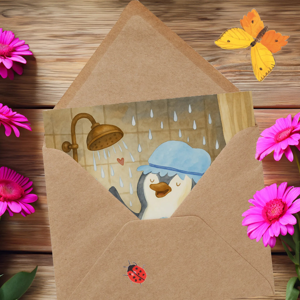 Deluxe Card Penguin have a shower Design Klappkarte, Grußkarte, Hochwertige Klappkarte, Geburtstagskarte, Karte, Hochzeitskarte, Hochwertige Grußkarte, Glückwunschkarte, Einladungskarte, Pinguin, Dusche, Pinguine, Neustart, Neuanfang, Motivation, glücklich sein, Lebensmotto, duschen