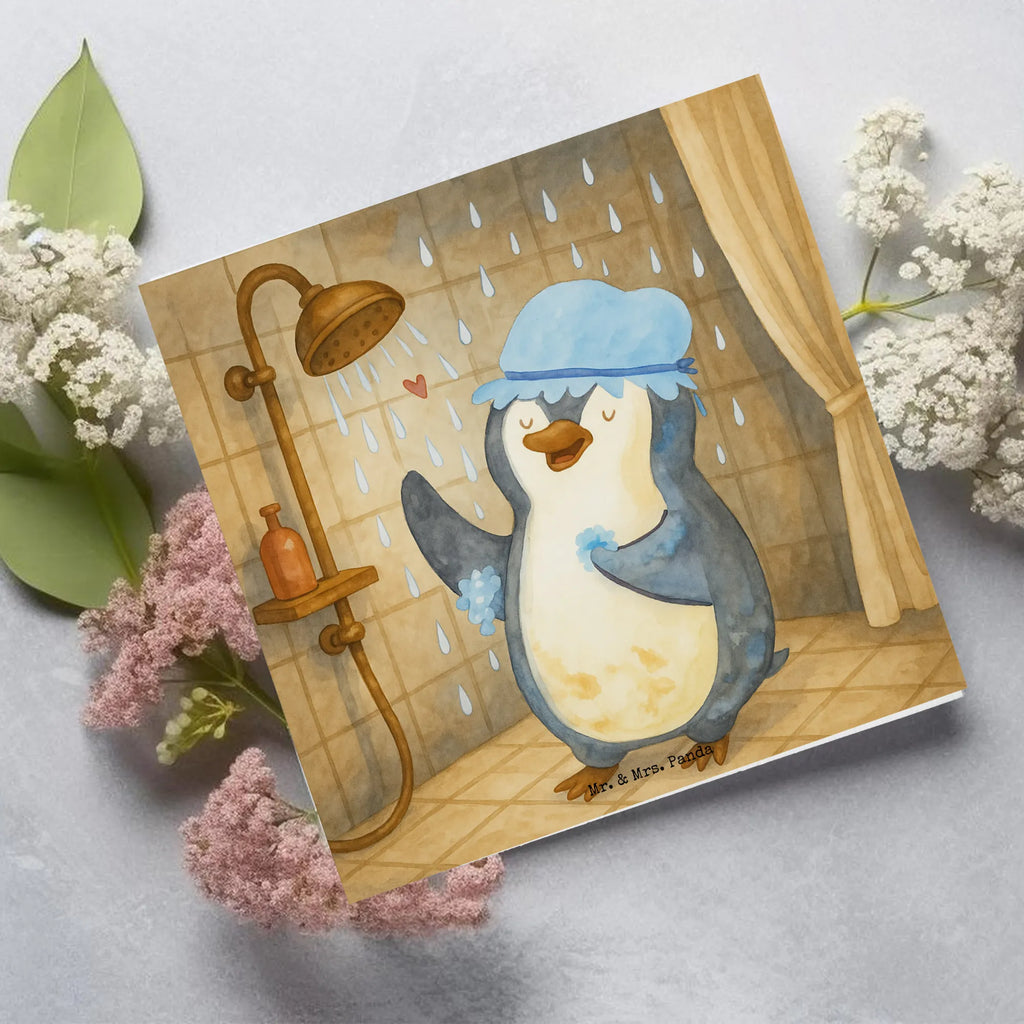 Deluxe Card Penguin have a shower Design Klappkarte, Grußkarte, Hochwertige Klappkarte, Geburtstagskarte, Karte, Hochzeitskarte, Hochwertige Grußkarte, Glückwunschkarte, Einladungskarte, Pinguin, Dusche, Pinguine, Neustart, Neuanfang, Motivation, glücklich sein, Lebensmotto, duschen