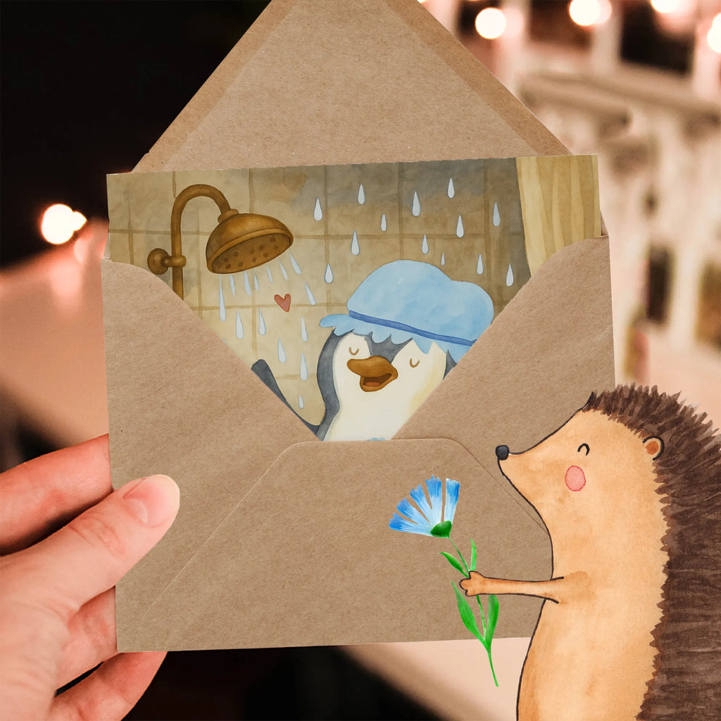 Deluxe Card Penguin have a shower Design Klappkarte, Grußkarte, Hochwertige Klappkarte, Geburtstagskarte, Karte, Hochzeitskarte, Hochwertige Grußkarte, Glückwunschkarte, Einladungskarte, Pinguin, Dusche, Pinguine, Neustart, Neuanfang, Motivation, glücklich sein, Lebensmotto, duschen