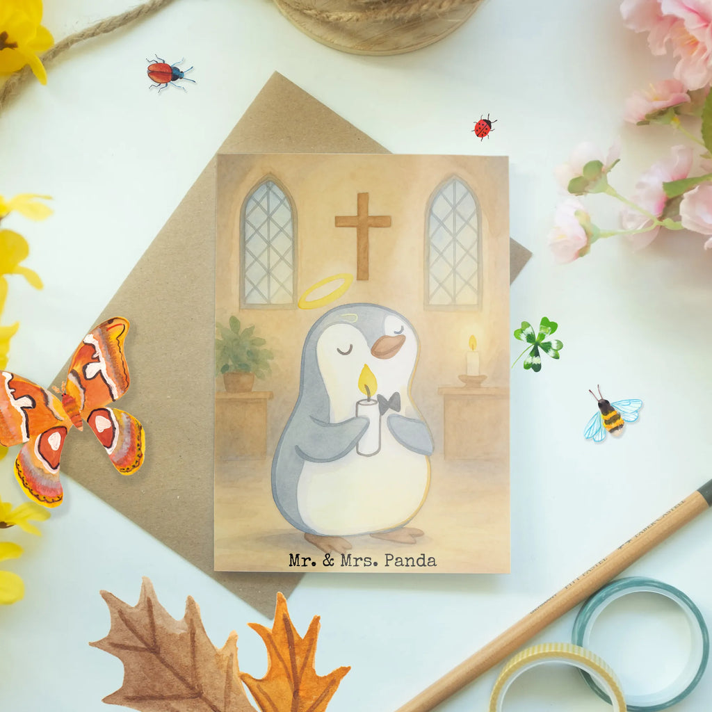 Greetings card penguin communion Design Grußkarte, Klappkarte, Einladungskarte, Glückwunschkarte, Hochzeitskarte, Geburtstagskarte, Karte, Ansichtskarten, Konfirmation, Kommunion, Jugendweihe, Konfirmation Geschenk, Kommunion Geschenk, Kommunion Dankeschön, Glauben, Sonnenschein