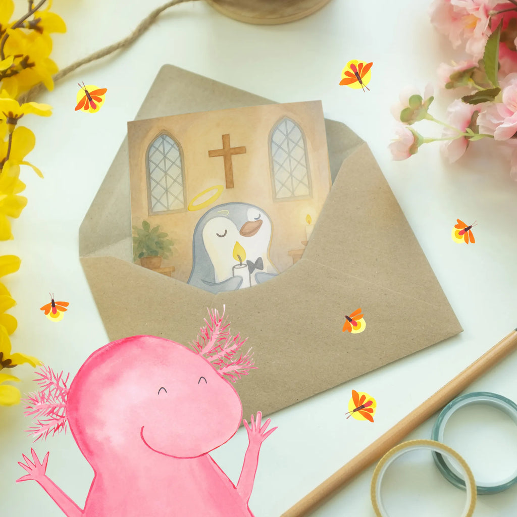 Greetings card penguin communion Design Grußkarte, Klappkarte, Einladungskarte, Glückwunschkarte, Hochzeitskarte, Geburtstagskarte, Karte, Ansichtskarten, Konfirmation, Kommunion, Jugendweihe, Konfirmation Geschenk, Kommunion Geschenk, Kommunion Dankeschön, Glauben, Sonnenschein