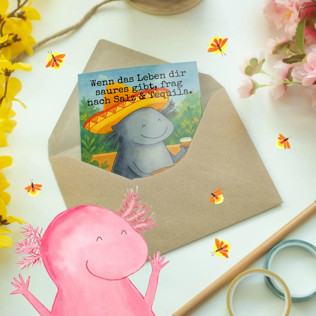 Grußkarte Axolotl Tequila Design Grußkarte, Klappkarte, Einladungskarte, Glückwunschkarte, Hochzeitskarte, Geburtstagskarte, Karte, Ansichtskarten, Axolotl, Molch, Mexico, Mexiko, Sombrero, Zitrone, Tequila, Motivation, Spruch, Schwanzlurch, Lurch, Lurche, Axolot, Feuerdrache, Feuersalamander