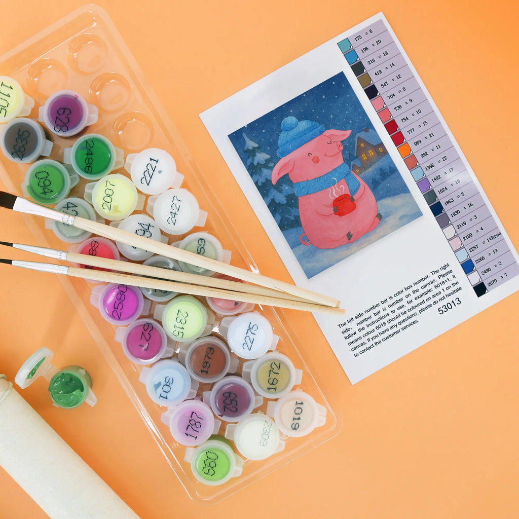 Paint by Numbers Pig Mulled wine Design DIY, Baseln, Kunstwerk, Malen, Künstler, Bastelidee, Ausmalbild, Malen nach Zahlen, Kreativität, Winter, Weihnachten, Weihnachtsdeko, Nikolaus, Advent, Heiligabend, Wintermotiv, Weihnachtsmarkt, Punsch, Glühschwein, Glühwein