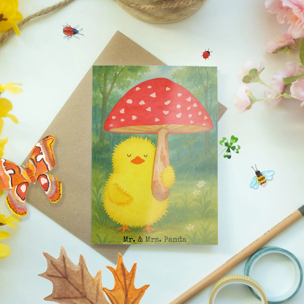 Kartka okolicznościowa pisklę muchomor czerwony Design Grußkarte, Klappkarte, Einladungskarte, Glückwunschkarte, Hochzeitskarte, Geburtstagskarte, Karte, Ansichtskarten, Ostern, Osterhase, Ostergeschenke, Osternest, Osterdeko, Geschenke zu Ostern, Ostern Geschenk, Ostergeschenke Kinder, Ostern Kinder, Küken, Fliegenpilz, Glückspilz, Frohe Ostern, Ostergrüße