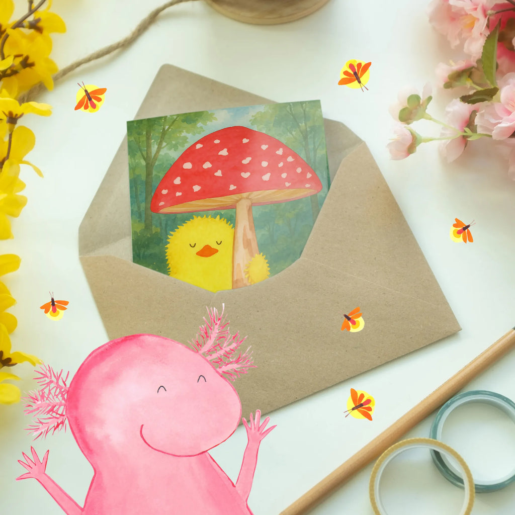 Kartka okolicznościowa pisklę muchomor czerwony Design Grußkarte, Klappkarte, Einladungskarte, Glückwunschkarte, Hochzeitskarte, Geburtstagskarte, Karte, Ansichtskarten, Ostern, Osterhase, Ostergeschenke, Osternest, Osterdeko, Geschenke zu Ostern, Ostern Geschenk, Ostergeschenke Kinder, Ostern Kinder, Küken, Fliegenpilz, Glückspilz, Frohe Ostern, Ostergrüße