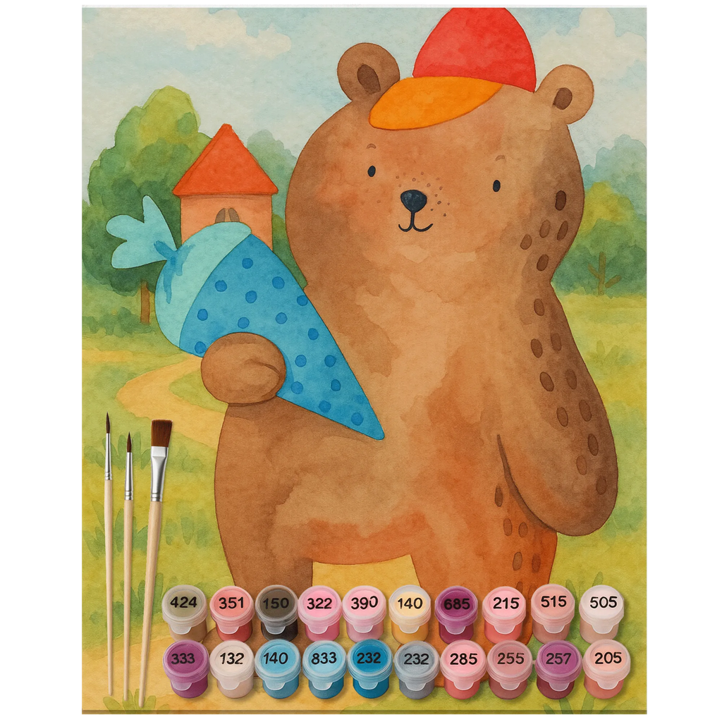 Paint by Numbers bear School cone Design Künstler, Malen, Bastelidee, DIY, Ausmalbild, Baseln, Kunstwerk, Malen nach Zahlen, Kreativität, Bär, Teddy, Teddybär, Einschulung Geschenk, Schule Geschenk, Grundschule, Schulanfang, Schulbeginn, Schultüte, Bär Motiv, Erster Schultag Geschenk