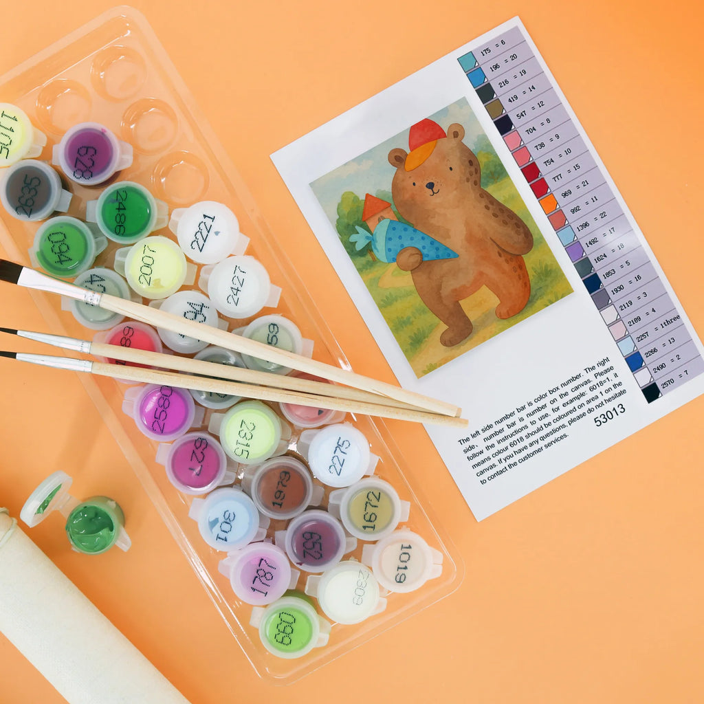 Paint by Numbers bear School cone Design Künstler, Malen, Bastelidee, DIY, Ausmalbild, Baseln, Kunstwerk, Malen nach Zahlen, Kreativität, Bär, Teddy, Teddybär, Einschulung Geschenk, Schule Geschenk, Grundschule, Schulanfang, Schulbeginn, Schultüte, Bär Motiv, Erster Schultag Geschenk