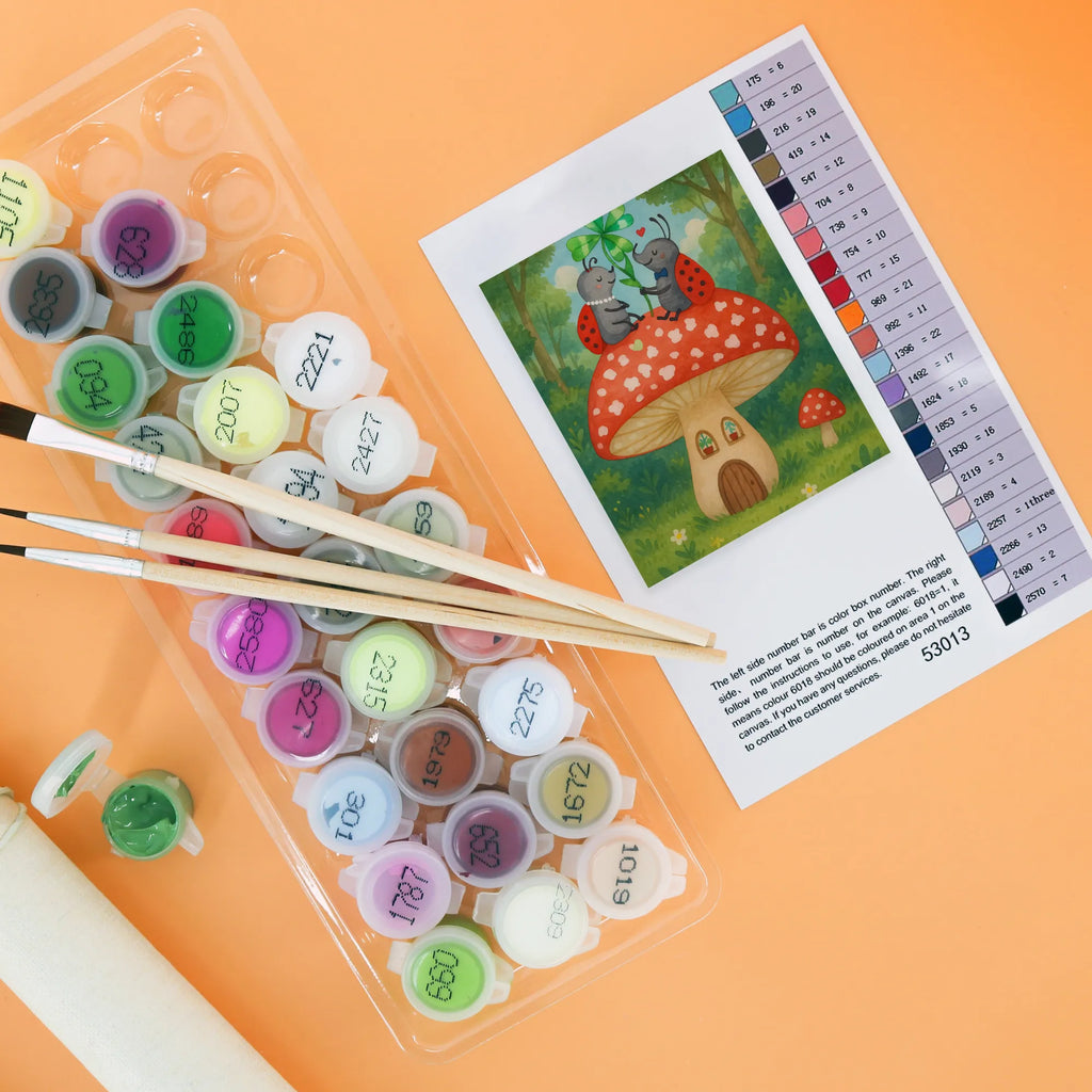 Malowanie według numerów biedronka Muchomor Design DIY, Künstler, Kunstwerk, Malen, Malen nach Zahlen, Bastelidee, Kreativität, Ausmalbild, Baseln, Tiermotive, Gute Laune, lustige Sprüche, Tiere, zuhause, Haus, Fliegenpilz, Wohnung, Fleigenpilzhaus, Marienkäfer