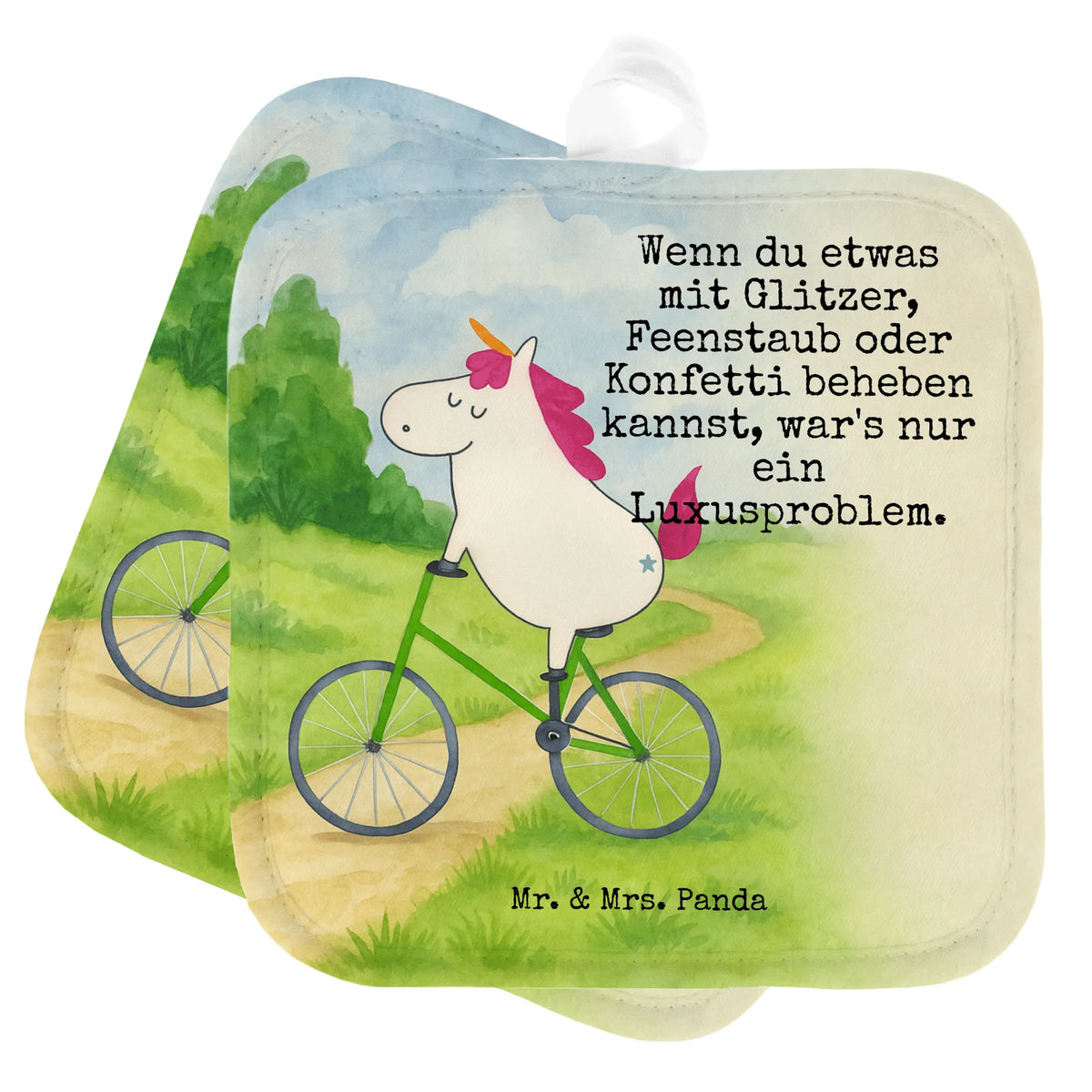 2er Set Topflappen  Einhorn Radfahrer Design Doppel Topflappen, Topflappen, topfhalter, Topflappen im Doppelpack, Zwei Topflappen, Kochlappen, Topfuntersetzer, Topflappenset, Topflappen 2er Set, Ofenlappen, 2er Set Topflappen, Topflappen Set, Unicorn, Einhorn, Einhörner, Einhorn Deko, Radfahren, Kummer, Bike, Rad, Luxusproblem, Radfahrer, Feenstaub, Konfetti, Liebeskummer