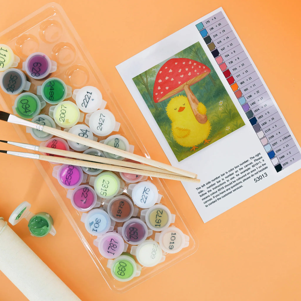 Paint by Numbers chick toadstool Design DIY, Bastelidee, Kreativität, Kunstwerk, Malen nach Zahlen, Ausmalbild, Malen, Baseln, Künstler, Ostern, Osterhase, Ostergeschenke, Osternest, Osterdeko, Geschenke zu Ostern, Ostern Geschenk, Ostergeschenke Kinder, Ostern Kinder, Frohe Ostern, Küken, Fliegenpilz, Ostergrüße, Glückspilz