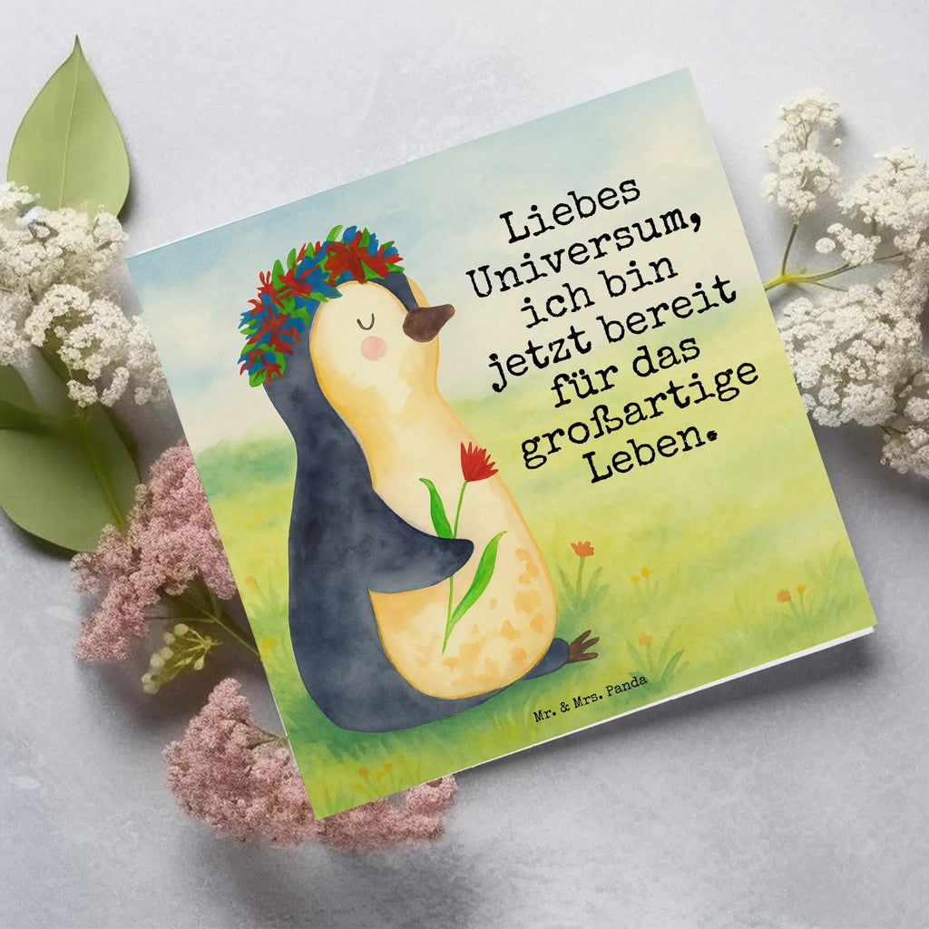 Deluxe Karte Pinguin Blumen Design Karte, Grußkarte, Klappkarte, Einladungskarte, Glückwunschkarte, Hochzeitskarte, Geburtstagskarte, Hochwertige Grußkarte, Hochwertige Klappkarte, Pinguin, Pinguine, Blumenkranz, Universum, Leben, Wünsche, Ziele, Lebensziele, Motivation, Lebenslust, Liebeskummer, Geschenkidee