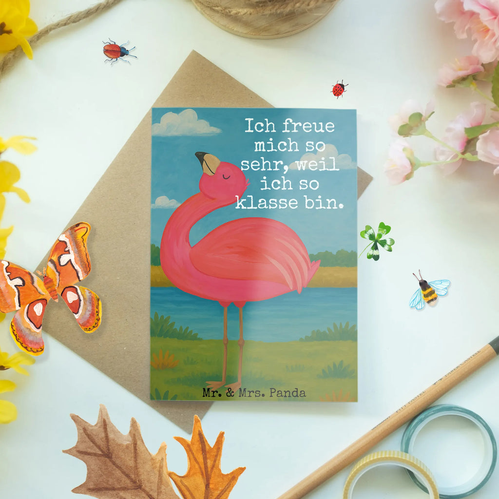 Grußkarte Flamingo Stolz Design Grußkarte, Klappkarte, Einladungskarte, Glückwunschkarte, Hochzeitskarte, Geburtstagskarte, Karte, Ansichtskarten, Flamingo, stolz, Freude, Selbstliebe, Selbstakzeptanz, Freundin, beste Freundin, Tochter, Mama, Schwester