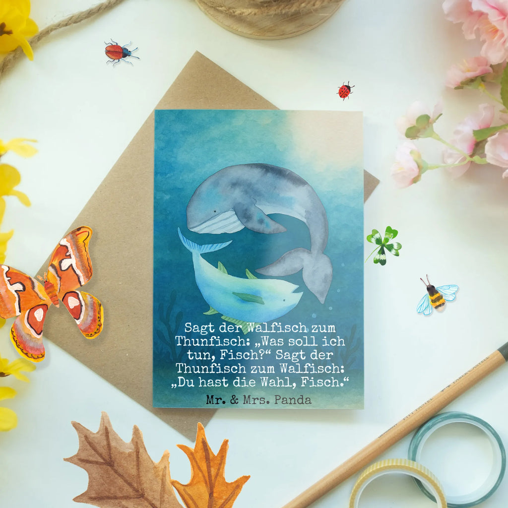 Grußkarte Walfisch Thunfisch Design Grußkarte, Klappkarte, Einladungskarte, Glückwunschkarte, Hochzeitskarte, Geburtstagskarte, Karte, Ansichtskarten, Tiermotive, Gute Laune, lustige Sprüche, Tiere, Wal, Wahl, Tunfisch, Wortwitz lustig, Spruch lustig, Flachwitz, Witz, Spruch des Tages, Flachwitz Geschenk
