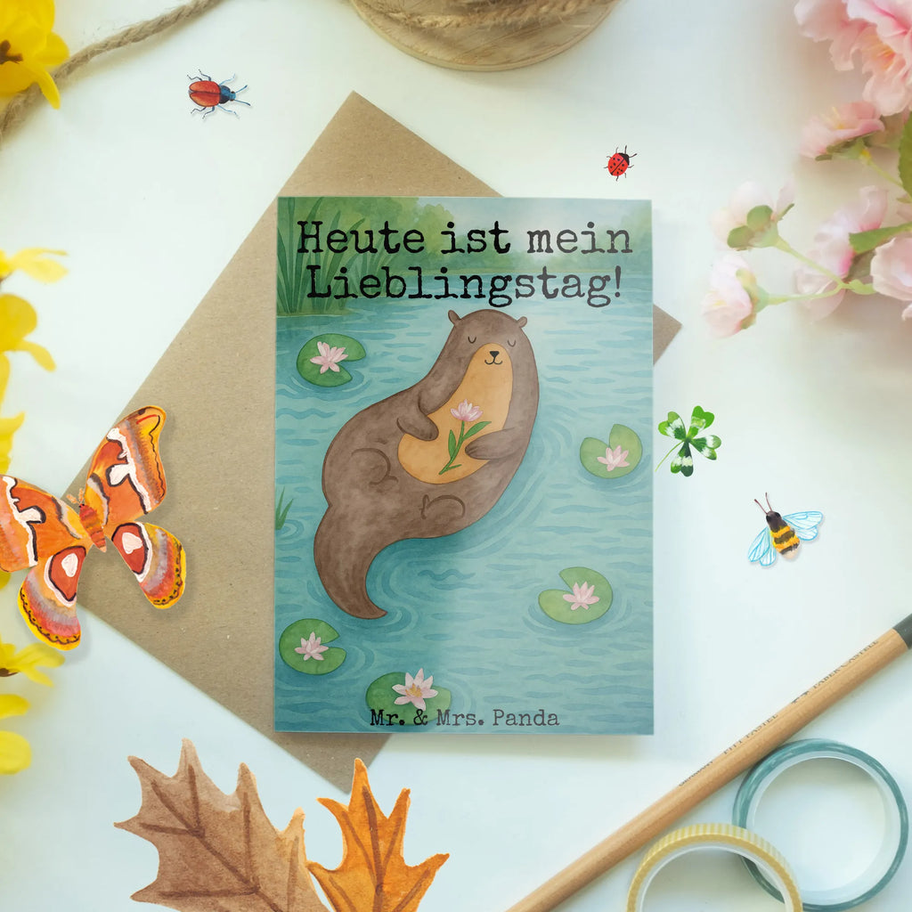 Grußkarte Otter Seerose Design Grußkarte, Klappkarte, Einladungskarte, Glückwunschkarte, Hochzeitskarte, Geburtstagskarte, Karte, Ansichtskarten, Otter, Fischotter, Seeotter, Otter Seeotter See Otter