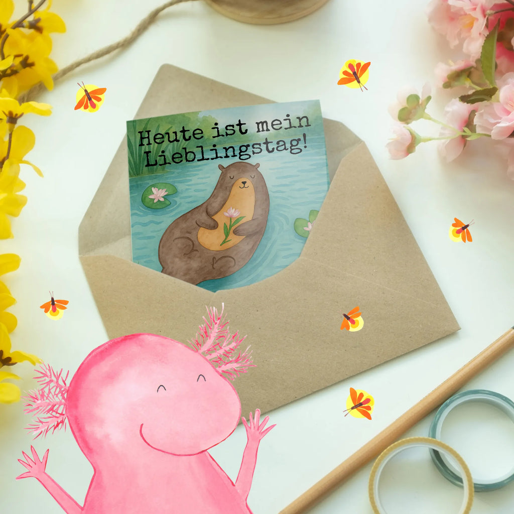 Grußkarte Otter Seerose Design Grußkarte, Klappkarte, Einladungskarte, Glückwunschkarte, Hochzeitskarte, Geburtstagskarte, Karte, Ansichtskarten, Otter, Fischotter, Seeotter, Otter Seeotter See Otter