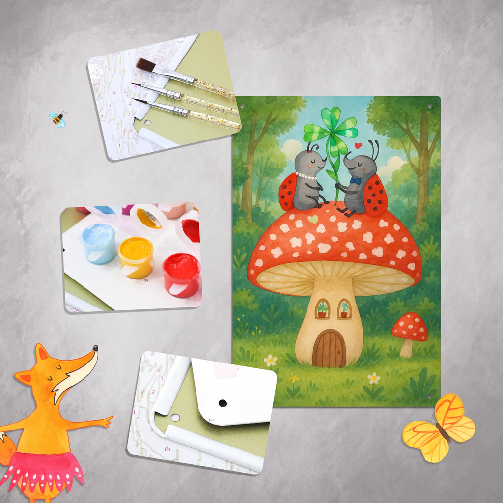 Paint by Numbers Metal Sign ladybug toadstool Design small animals, cute, funny, cute animal motives, hand drawn, small world, funny sayings, good mood, happy, gifts, gift ideas, special gifts, animal lover, card, toadstool, ladybird, house, house of fleshy fungi, at home, flat