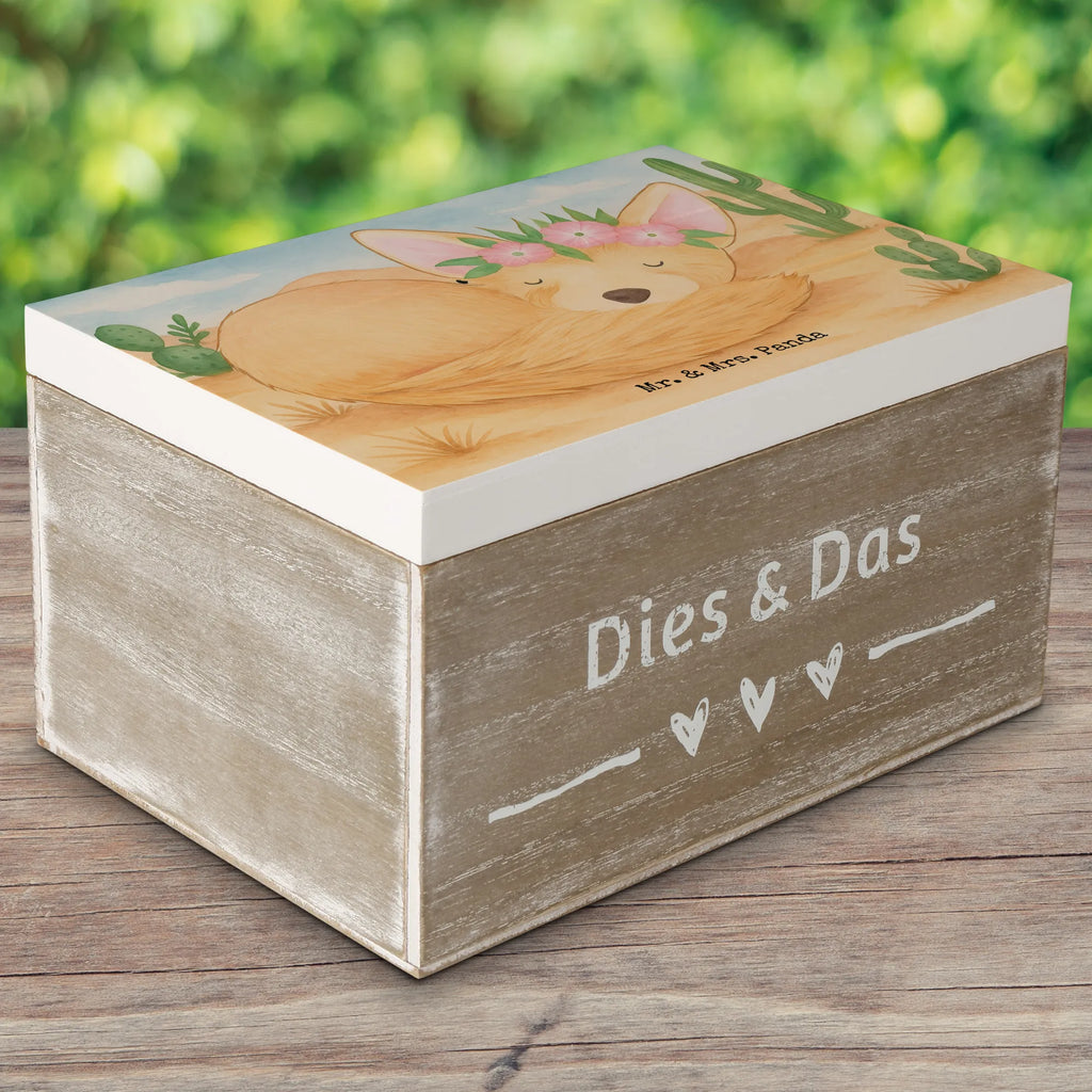 Skrzynia drewniana lis pustynny kwiaty Design Truhe, Erinnerungsbox, Schatulle, Schatzkiste, Geschenkbox, Geschenkdose, XXL, Holzkiste, Aufbewahrungsbox, Erinnerungskiste, Dekokiste, Kiste, Afrika, Wildtiere, Wüstenfuchs, Wüste, Glücklich, Blumen, Blumenkranz