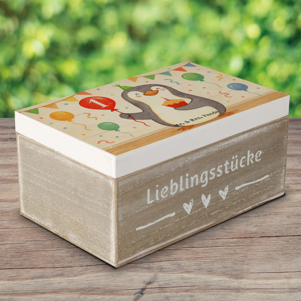 Holzkiste 1. Geburtstag Pinguin Luftballon Design Schatulle, Truhe, Erinnerungskiste, Kiste, Schatzkiste, Holzkiste, Erinnerungsbox, Geschenkdose, Geschenkbox, Aufbewahrungsbox, Dekokiste, XXL, Geburtstag, Geburtstagsgeschenk, Geschenk, Pinguin, Geburtstagsfeier, Happy Birthday, Geburtstage