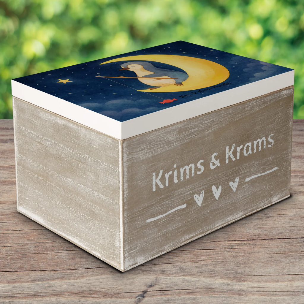 Holzkiste Pinguin Mond Design Geschenkdose, Kiste, Erinnerungskiste, Dekokiste, Schatulle, Truhe, Holzkiste, Aufbewahrungsbox, Erinnerungsbox, Schatzkiste, XXL, Geschenkbox, Pinguin, Einschlafen, Schlafzimmer, schlafen, Spruch, Schlafstörungen, Pinguine, Nachtruhe, Gästezimmer