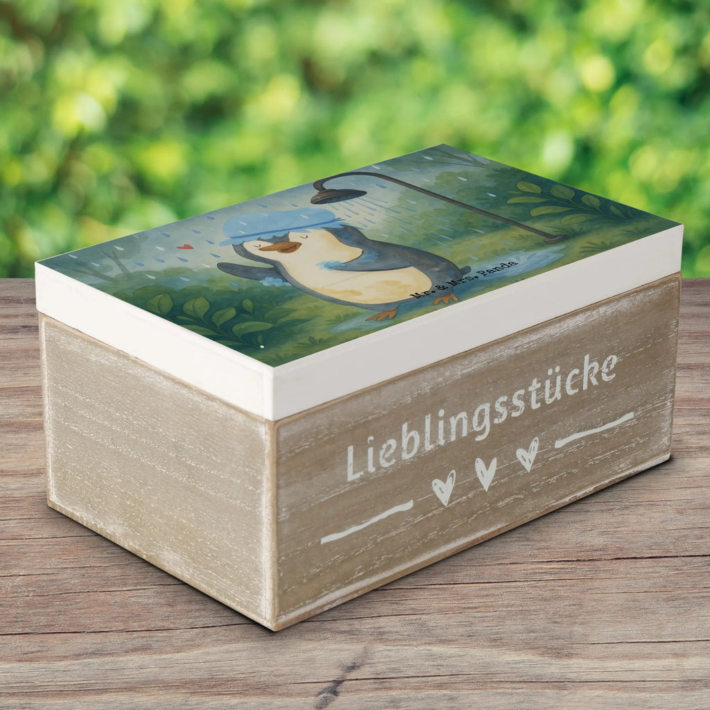 Wooden chest Penguin have a shower Design Schatzkiste, Aufbewahrungsbox, Geschenkdose, Dekokiste, Erinnerungsbox, Erinnerungskiste, Holzkiste, Schatulle, XXL, Truhe, Geschenkbox, Kiste, Pinguin, Motivation, Neustart, Neuanfang, duschen, Lebensmotto, Dusche, glücklich sein, Pinguine