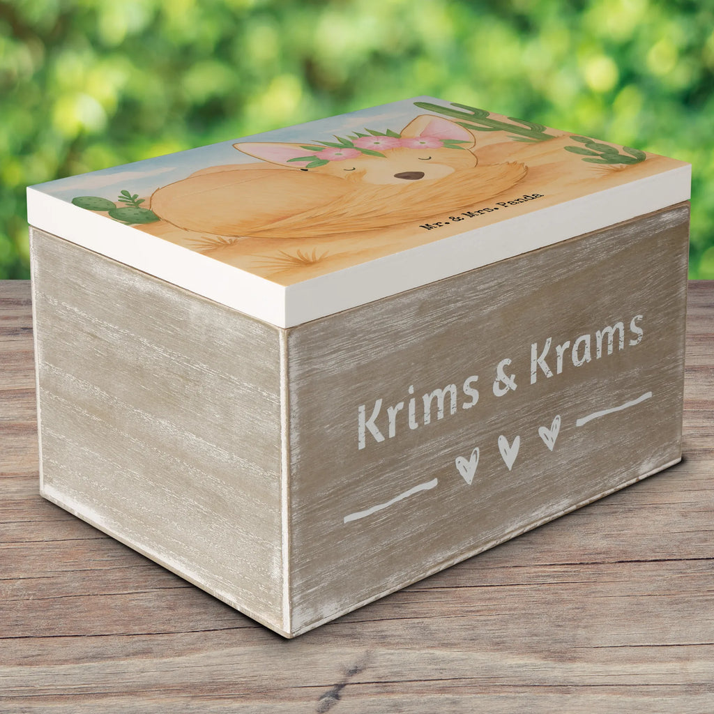 Skrzynia drewniana lis pustynny kwiaty Design Truhe, Erinnerungsbox, Schatulle, Schatzkiste, Geschenkbox, Geschenkdose, XXL, Holzkiste, Aufbewahrungsbox, Erinnerungskiste, Dekokiste, Kiste, Afrika, Wildtiere, Wüstenfuchs, Wüste, Glücklich, Blumen, Blumenkranz