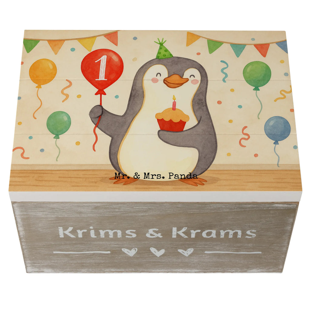 Holzkiste 1. Geburtstag Pinguin Luftballon Design Schatulle, Truhe, Erinnerungskiste, Kiste, Schatzkiste, Holzkiste, Erinnerungsbox, Geschenkdose, Geschenkbox, Aufbewahrungsbox, Dekokiste, XXL, Geburtstag, Geburtstagsgeschenk, Geschenk, Pinguin, Geburtstagsfeier, Happy Birthday, Geburtstage