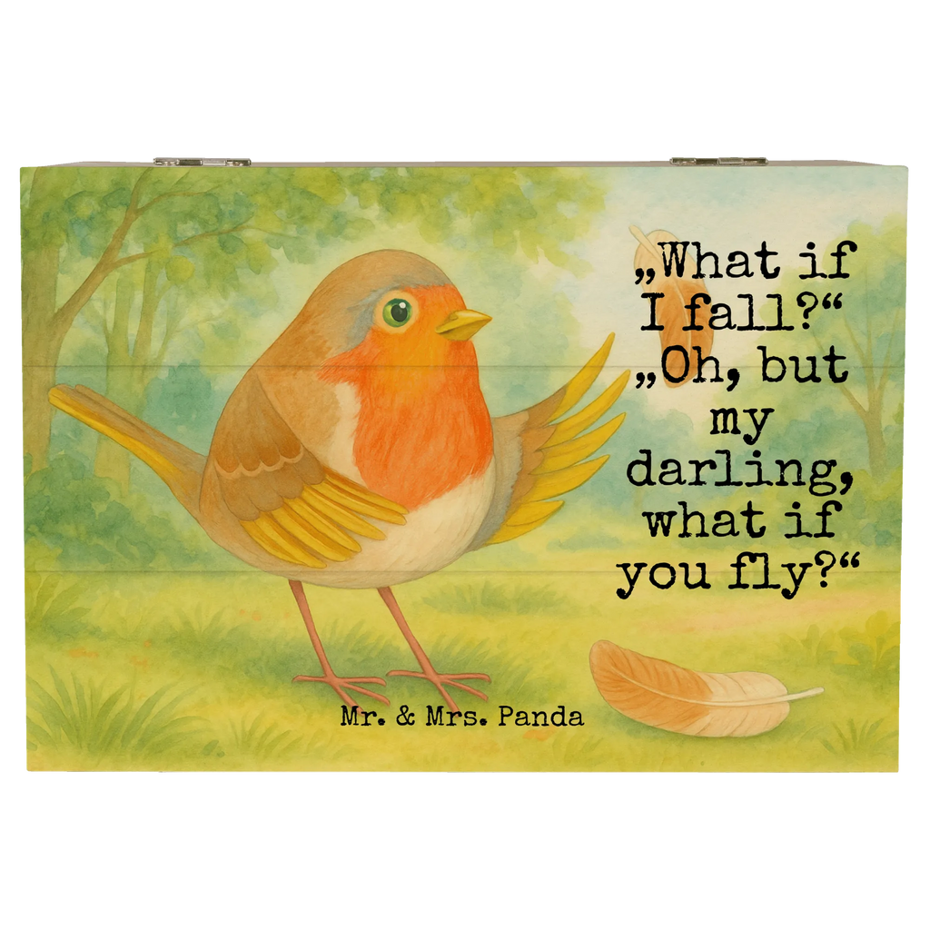 Holzkiste Rotkehlchen Federn Design Holzkiste, Geschenkdose, Erinnerungsbox, Aufbewahrungsbox, Schatzkiste, Geschenkbox, Kiste, Dekokiste, Truhe, Erinnerungskiste, XXL, Schatulle, Tiermotive, Gute Laune, lustige Sprüche, Tiere, Motivation Sprüche, Motivationsbilder, What if i fall, Rotkehlchen, Spruch Motivation, Vogel, fliegen, Spruch Mut