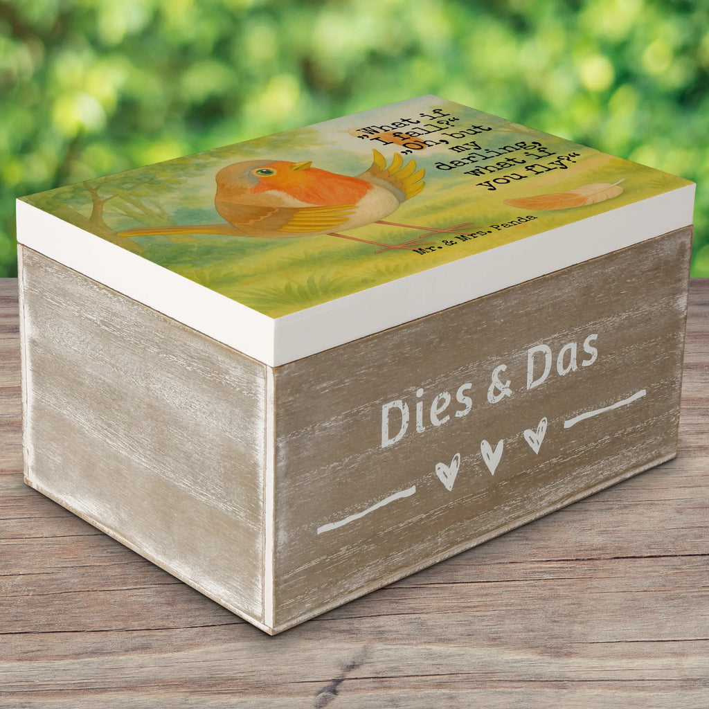 Holzkiste Rotkehlchen Federn Design Holzkiste, Geschenkdose, Erinnerungsbox, Aufbewahrungsbox, Schatzkiste, Geschenkbox, Kiste, Dekokiste, Truhe, Erinnerungskiste, XXL, Schatulle, Tiermotive, Gute Laune, lustige Sprüche, Tiere, Motivation Sprüche, Motivationsbilder, What if i fall, Rotkehlchen, Spruch Motivation, Vogel, fliegen, Spruch Mut