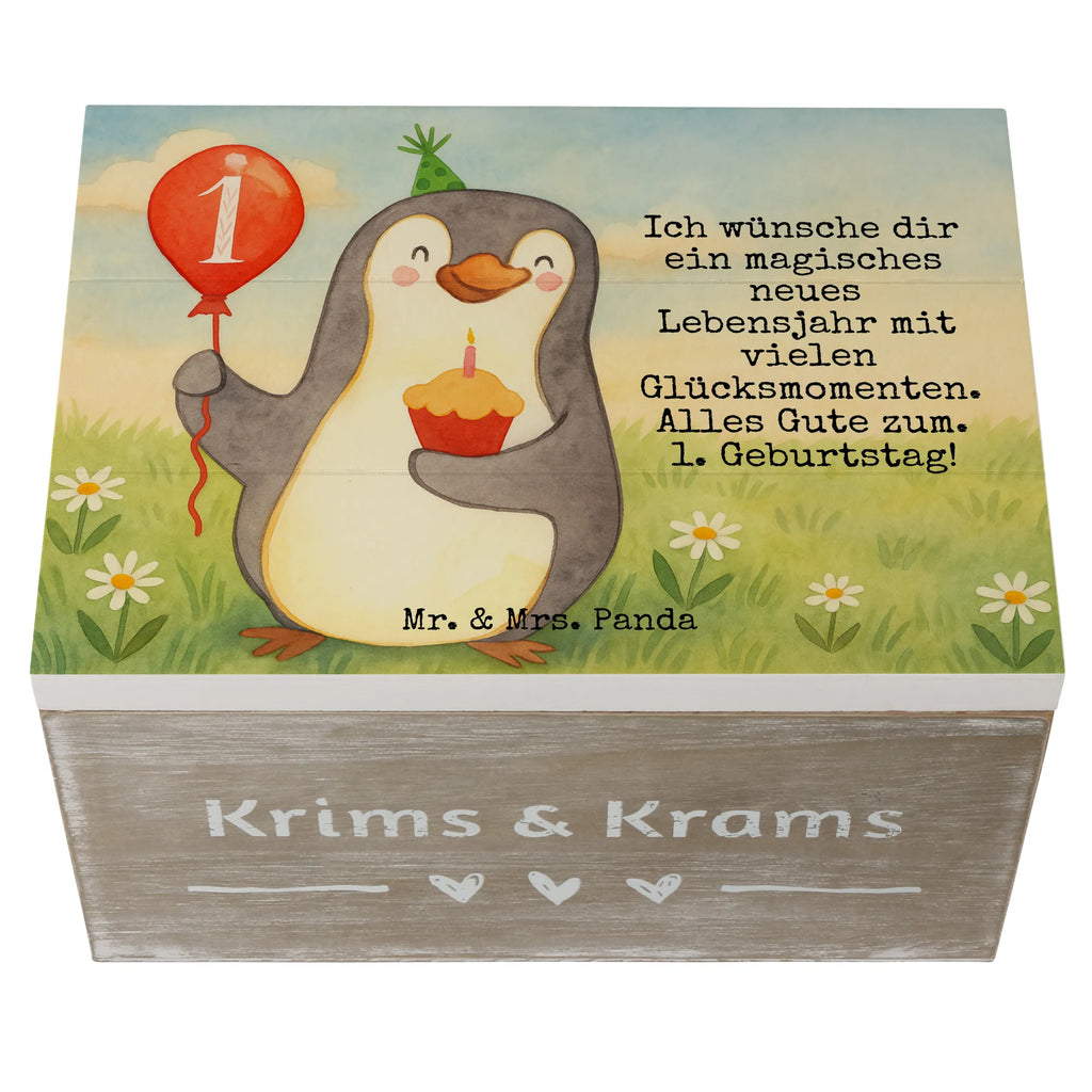 Holzkiste 1. Geburtstag Pinguin Luftballon Design Schatulle, Truhe, Erinnerungskiste, Kiste, Schatzkiste, Holzkiste, Erinnerungsbox, Geschenkdose, Geschenkbox, Aufbewahrungsbox, Dekokiste, XXL, Geburtstag, Geburtstagsgeschenk, Geschenk, Pinguin, Geburtstagsfeier, Happy Birthday, Geburtstage