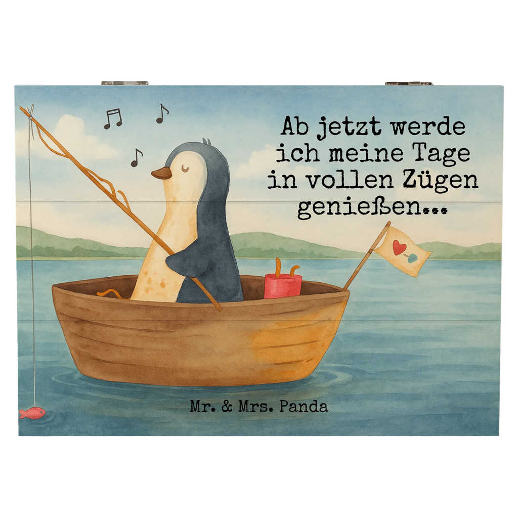 Holzkiste Pinguin Angelboot Design Geschenkbox, Geschenkdose, Dekokiste, Truhe, Erinnerungskiste, Holzkiste, Erinnerungsbox, Kiste, Aufbewahrungsbox, Schatzkiste, XXL, Schatulle, Pinguin, Trennung, Neustart, Pinguine, genießen, Geschenkidee Liebeskummer, Angelboot, Lebenslust, Neuanfang, Motivation, Angeln, Scheidung, Boot, Leben