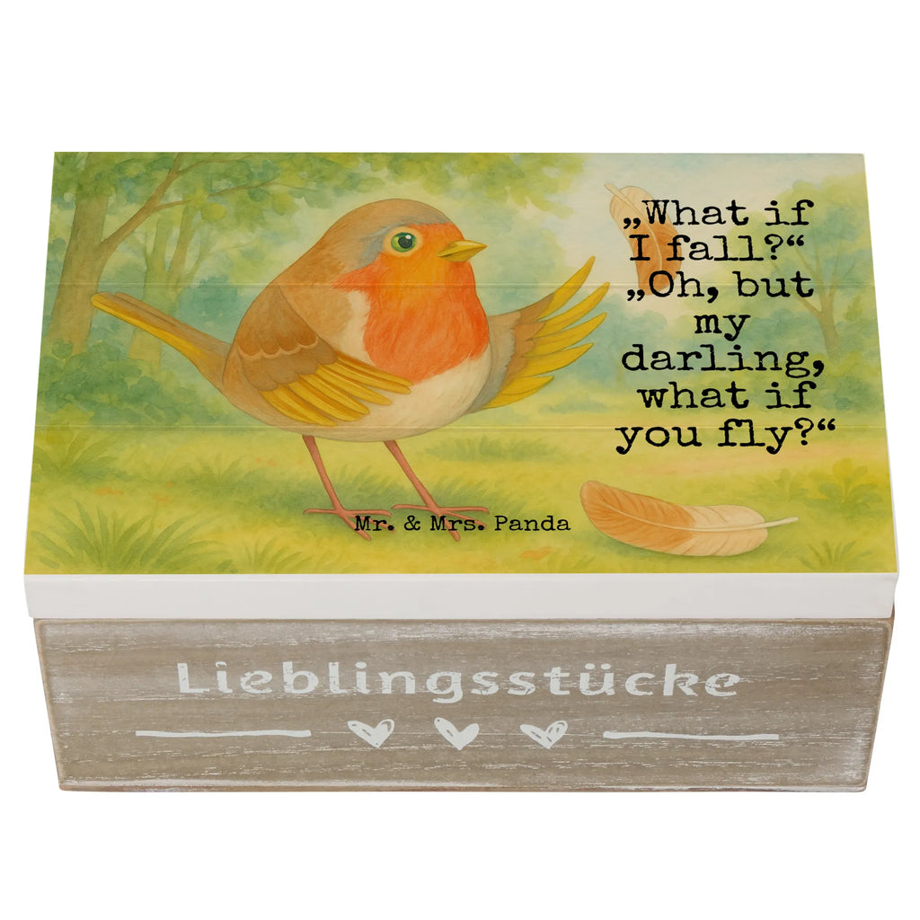 Holzkiste Rotkehlchen Federn Design Holzkiste, Geschenkdose, Erinnerungsbox, Aufbewahrungsbox, Schatzkiste, Geschenkbox, Kiste, Dekokiste, Truhe, Erinnerungskiste, XXL, Schatulle, Tiermotive, Gute Laune, lustige Sprüche, Tiere, Motivation Sprüche, Motivationsbilder, What if i fall, Rotkehlchen, Spruch Motivation, Vogel, fliegen, Spruch Mut