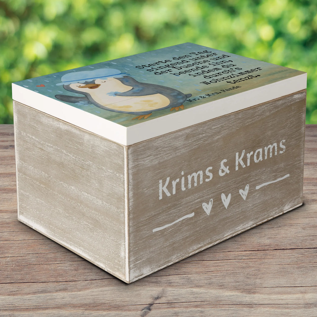 Wooden chest Penguin have a shower Design Schatzkiste, Aufbewahrungsbox, Geschenkdose, Dekokiste, Erinnerungsbox, Erinnerungskiste, Holzkiste, Schatulle, XXL, Truhe, Geschenkbox, Kiste, Pinguin, Motivation, Neustart, Neuanfang, duschen, Lebensmotto, Dusche, glücklich sein, Pinguine