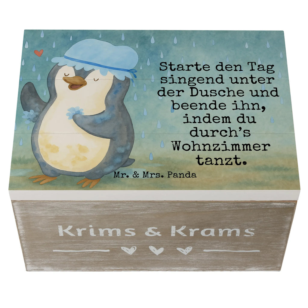 Wooden chest Penguin have a shower Design Schatzkiste, Aufbewahrungsbox, Geschenkdose, Dekokiste, Erinnerungsbox, Erinnerungskiste, Holzkiste, Schatulle, XXL, Truhe, Geschenkbox, Kiste, Pinguin, Motivation, Neustart, Neuanfang, duschen, Lebensmotto, Dusche, glücklich sein, Pinguine